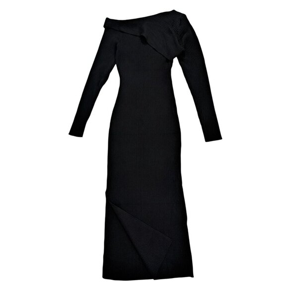 Elegant Black Ribbed Knit Dress With Asymmetrical Neckline, Long Sleeves, Size S - Picture 3 of 10